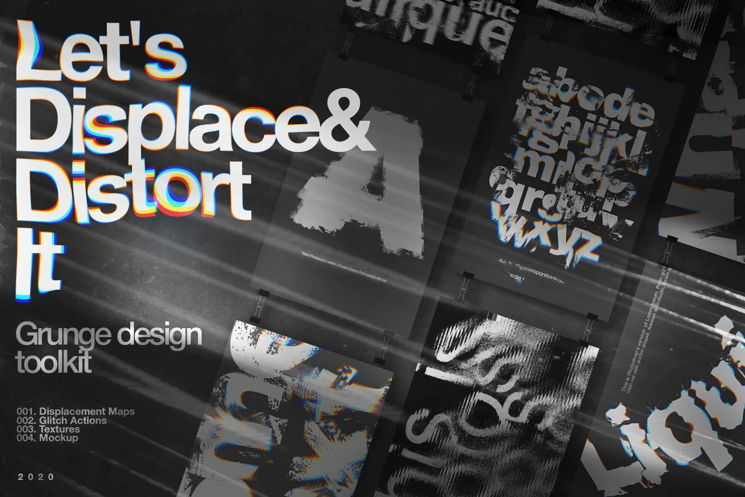 4325 潮流故障位移扭曲海报标题Logo字体设计PS样机模板素材套装 Inartflow – Displacement Maps And Glitch Actions@GOOODME.COM