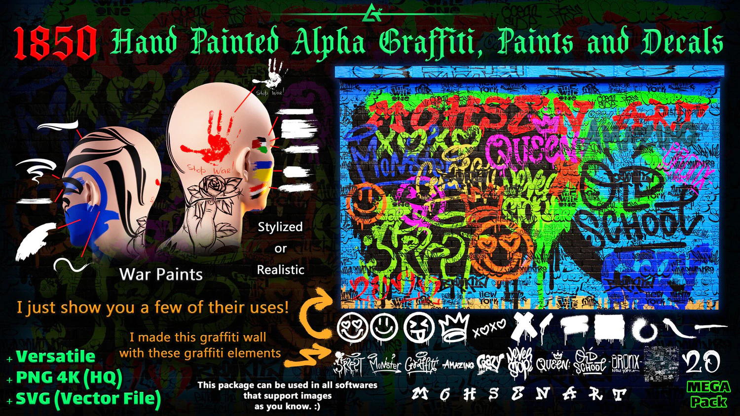 4389 1850+复古街头嘻哈字母涂鸦喷漆油漆PNG图形贴花设计包 1850 Hand Painted Alpha Graffiti Paints & Decals (MEGA Pack) – Vol 12@GOOODME.COM