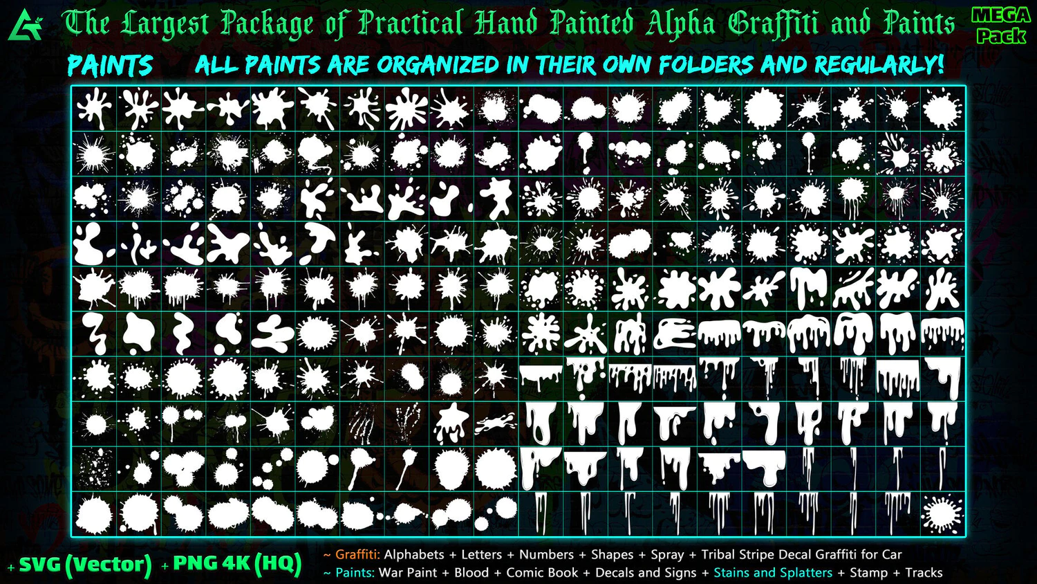 4389 1850+复古街头嘻哈字母涂鸦喷漆油漆PNG图形贴花设计包 1850 Hand Painted Alpha Graffiti Paints & Decals (MEGA Pack) – Vol 12@GOOODME.COM