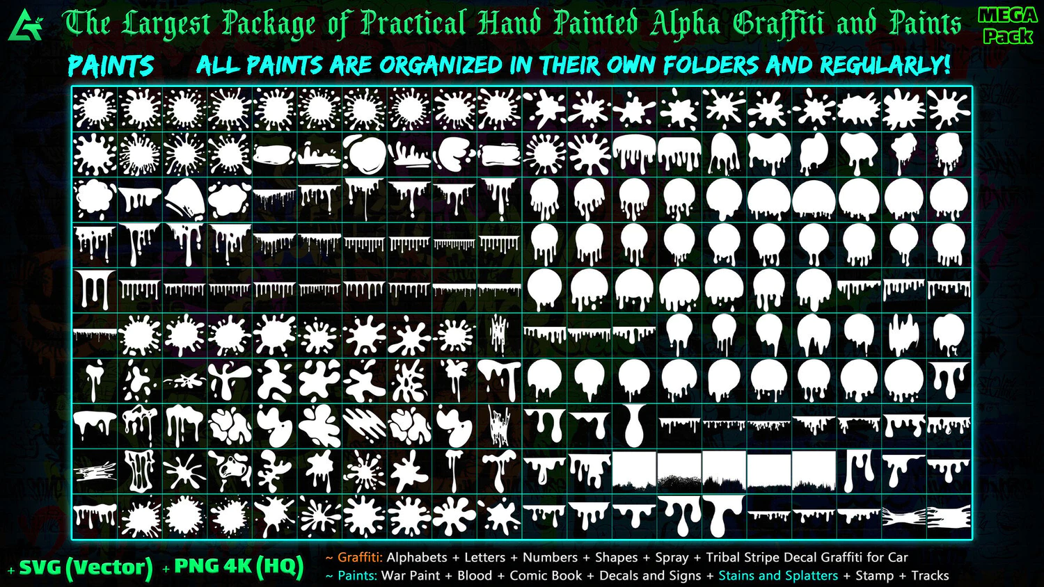 4389 1850+复古街头嘻哈字母涂鸦喷漆油漆PNG图形贴花设计包 1850 Hand Painted Alpha Graffiti Paints & Decals (MEGA Pack) – Vol 12@GOOODME.COM