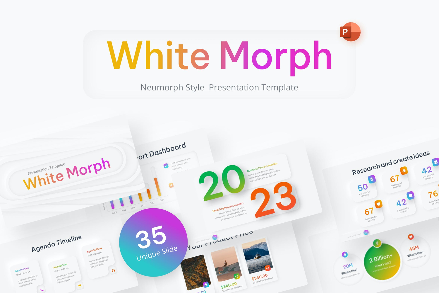 4415 明暗双色新拟物风项目分析数据报告年终总结PPT模板 White Morph Neumorph PowerPoint Template@GOOODME.COM