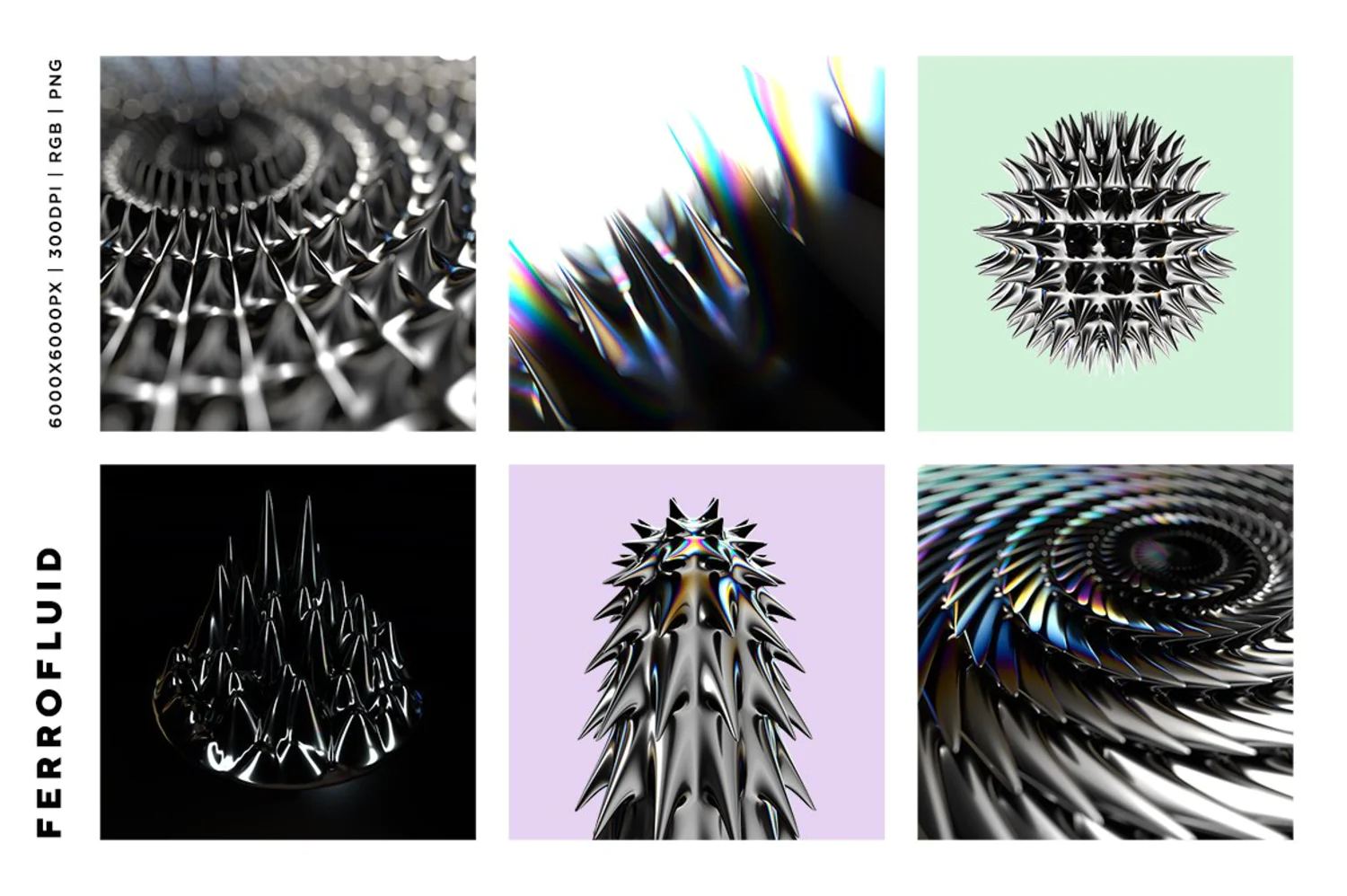 4538 磁性液体金属反射光泽未来科幻立体三维3D有机尖齿异形酸性海报背景肌理PNG元素套件 Ferrofluid Inspired Images@GOOODME.COM