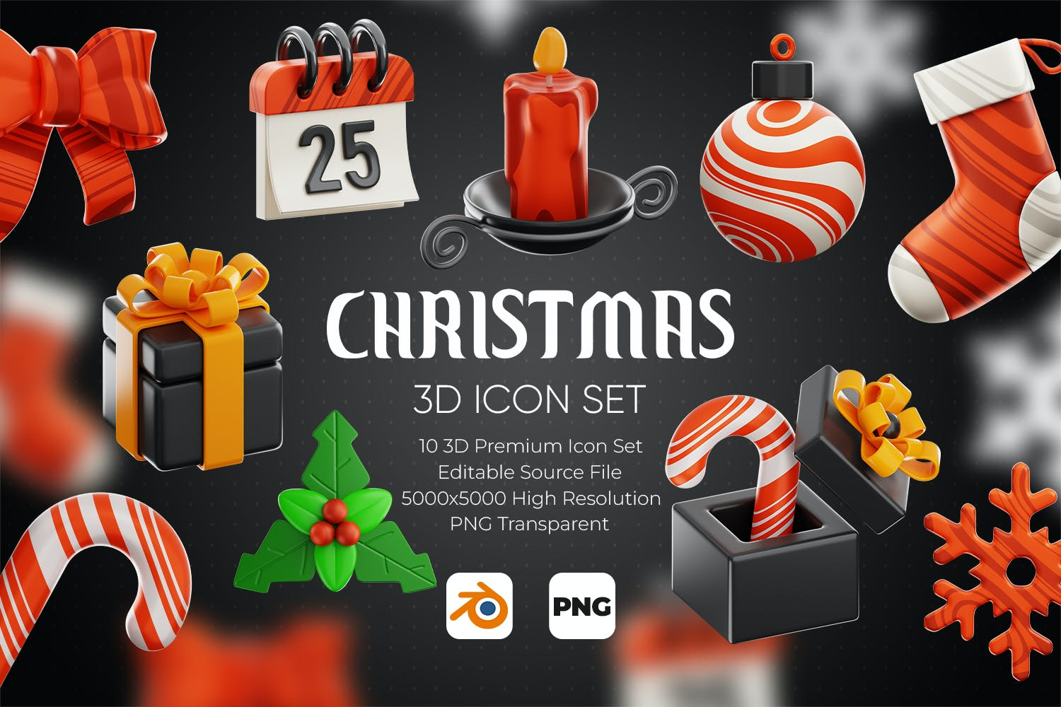4561 10款圣诞装饰品高清PNG免抠素材Blend模型 Christmas 3D Icon Set@GOOODME.COM