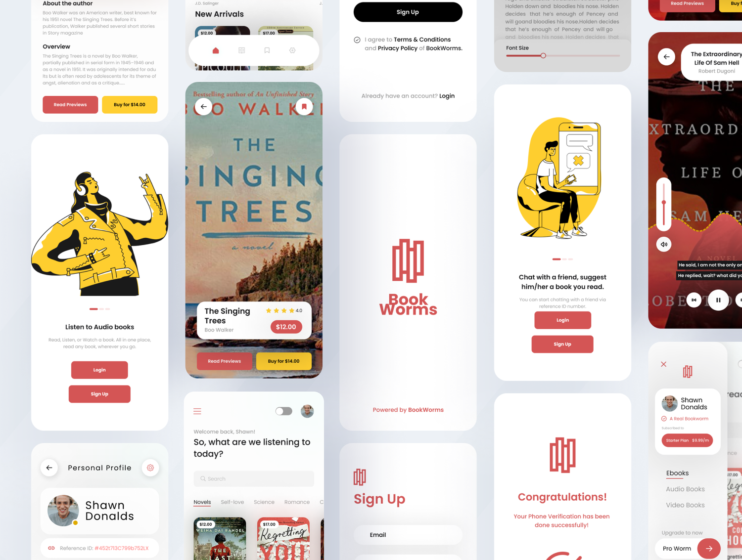 4589 歌曲专辑有声读物App应用程序UI设计套件Fig模版 BookWorms – An Ebook Reading Audio Video Books Mobile App UI Kit 2@GOOODME.COM