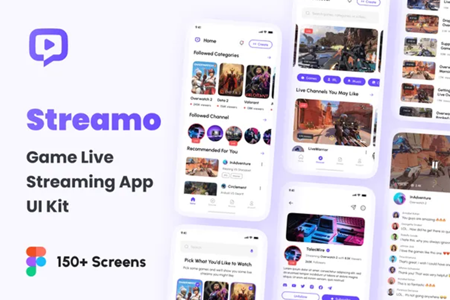 4596 150屏电竞游戏直播平台应用app设计用户界面ui套件明暗主题Fig模板 Streamo – Game Live Streaming App UI Kit@GOOODME.COM