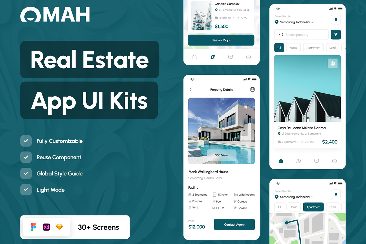 4603 30屏国外房地产租房买房在线看房app界面设计ui套件Fig模板 Omah – Real Estate UI Kit + App@GOOODME.COM