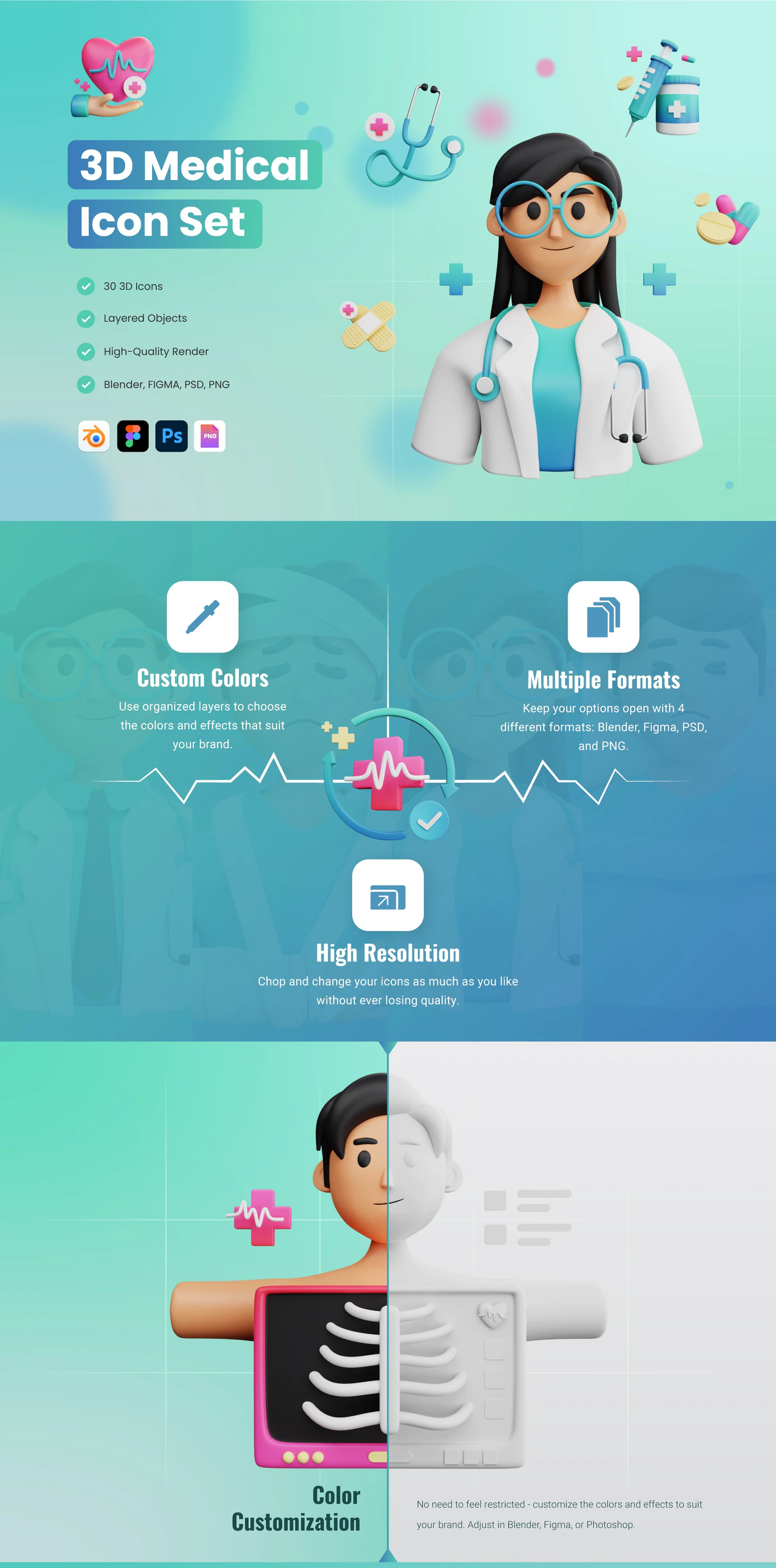 4604 30款趣味卡通3D医疗健康医院体检诊断医生插图Blend插画png免抠图片 30 3D Medical and Healthcare Icon Set@GOOODME.COM