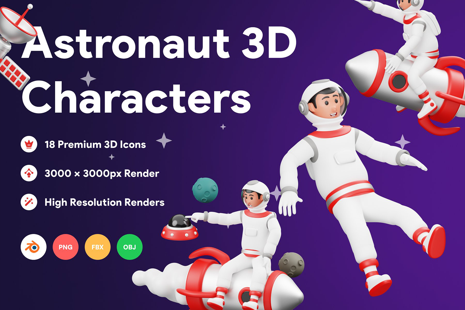 4612 18款高级独特太空宇航员3D插画插图图标Icons设计素材包 Astronaut 3D Character Illustration@GOOODME.COM