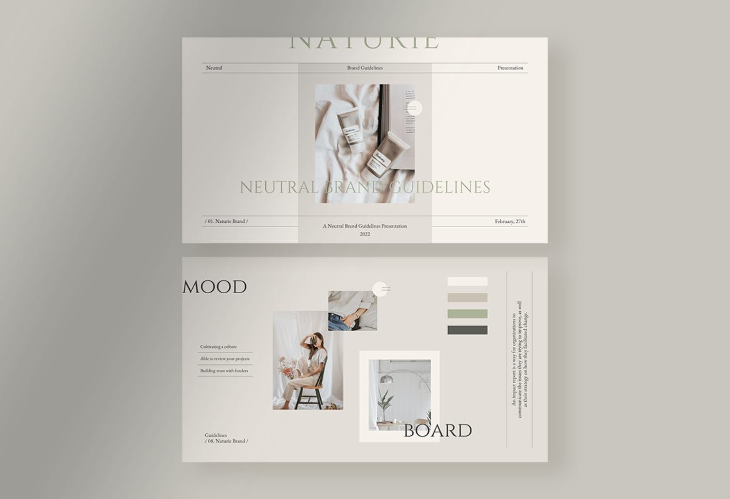 4668 简洁优雅品牌故事产品展示推荐排版PPT模版 Naturie – Neutral Brand Guidelines Presentation@GOOODME.COM