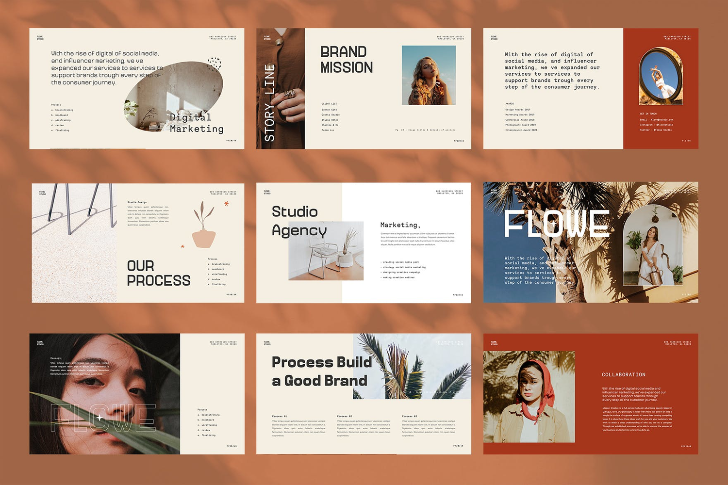 4674 轻奢复古创意通用旅游摄像主题演讲PPT+Keynote模版 Flowe – Media Kit PowerPoint Template@GOOODME.COM