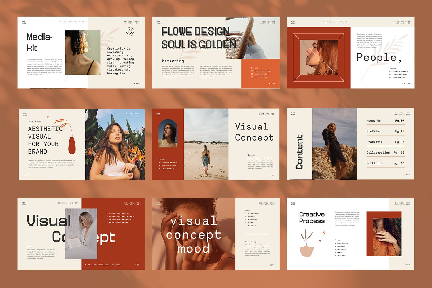 4674 轻奢复古创意通用旅游摄像主题演讲PPT+Keynote模版 Flowe – Media Kit PowerPoint Template@GOOODME.COM