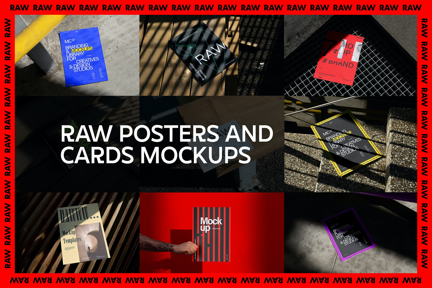 4721 9款工业风质感光影海报单页设计作品贴图ps样机素材场景展示模板 Raw Posters and Letterheads Mockups@GOOODME.COM
