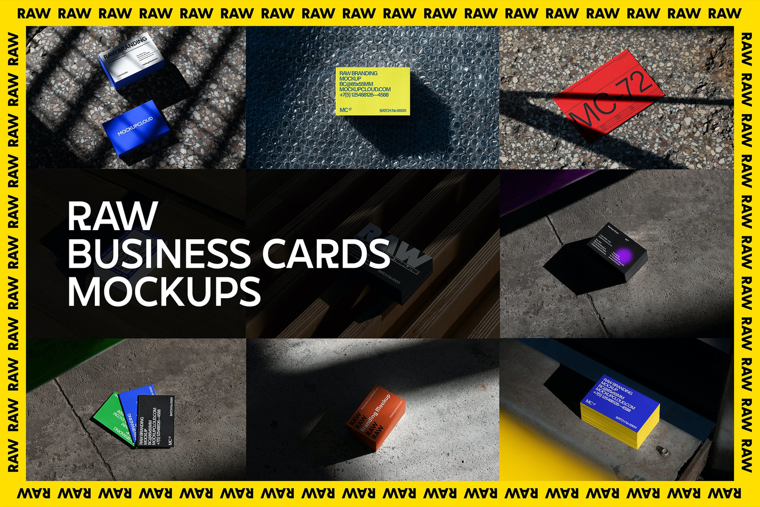 4750 21款质感光影工业风名片卡片设计作品贴图ps样机素材场景展示模板 Raw Business Cards Mockups@GOOODME.COM