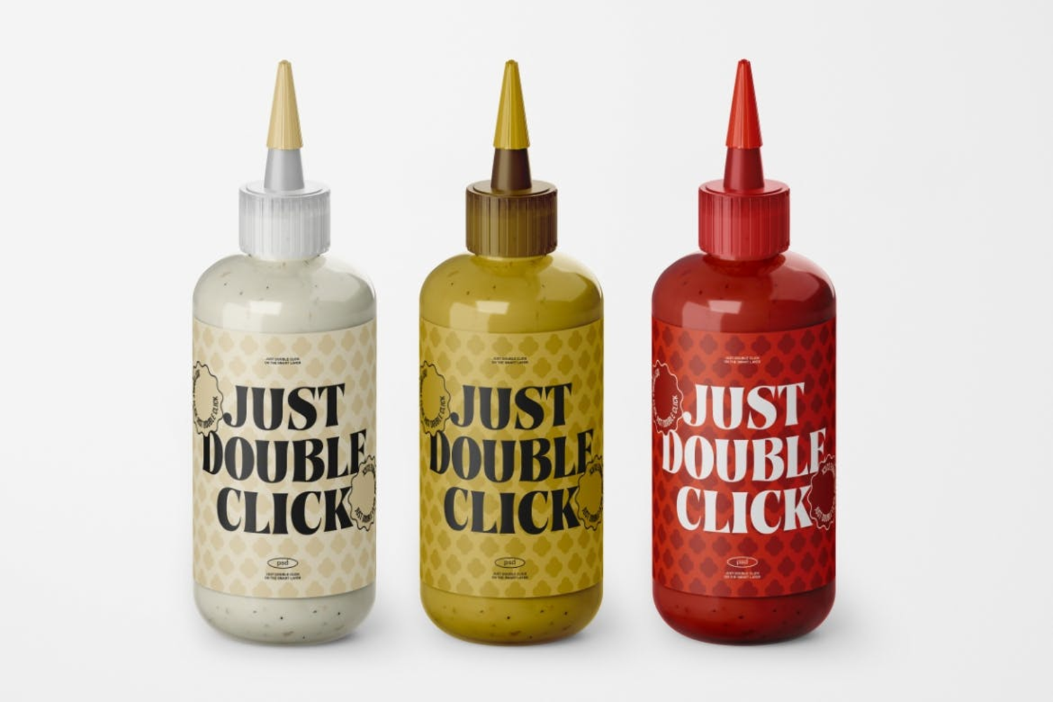 4790 3款质感沙拉酱番茄酱酱汁塑料挤压喷嘴瓶瓶子包装外观设计展示PSD样机Sauce Bottle Mockup Set@GOOODME.COM