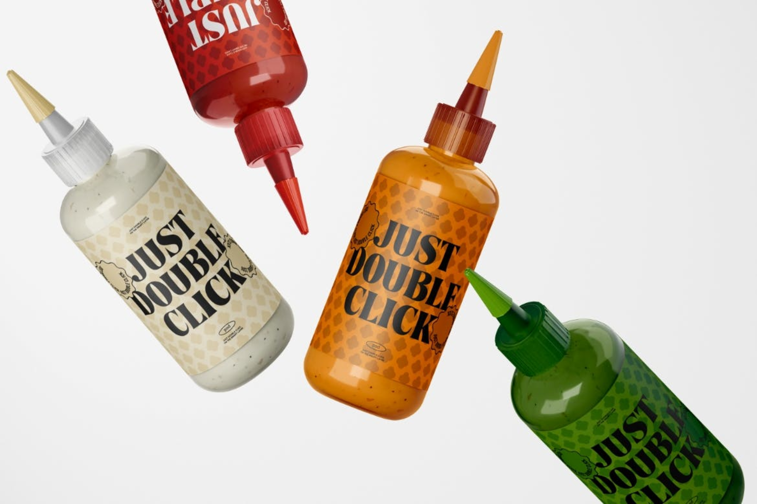 4790 3款质感沙拉酱番茄酱酱汁塑料挤压喷嘴瓶瓶子包装外观设计展示PSD样机Sauce Bottle Mockup Set@GOOODME.COM