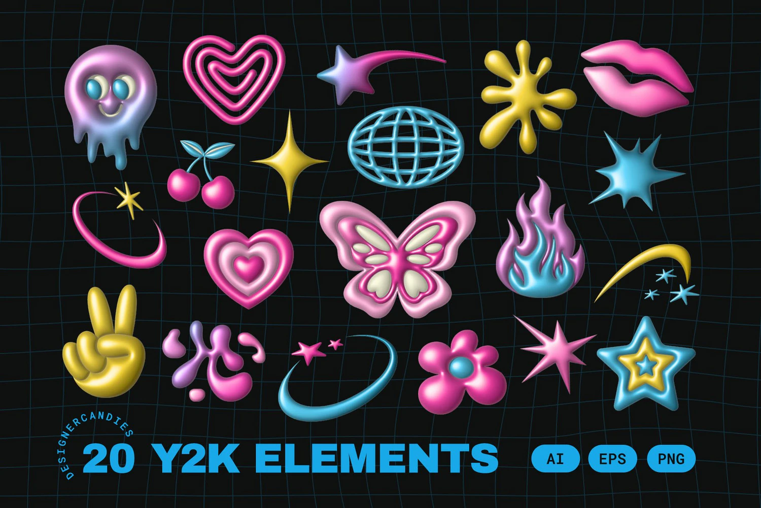 4816 20款复古Y2K渐变3D爱心火焰星芒logo图标徽标AI膨胀矢量源文件套装Y2K Elements Set@GOOODME.COM