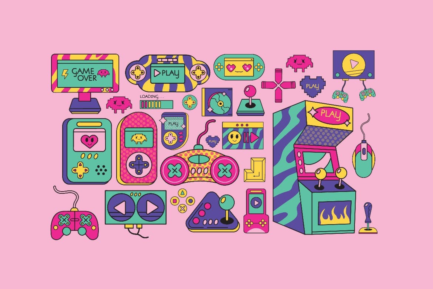 4821 25款复古Y2K粉色趣味视频游戏街机游戏机像素插画贴纸AI矢量套装Pink Y2K Video Games Illustration Set@GOOODME.COM