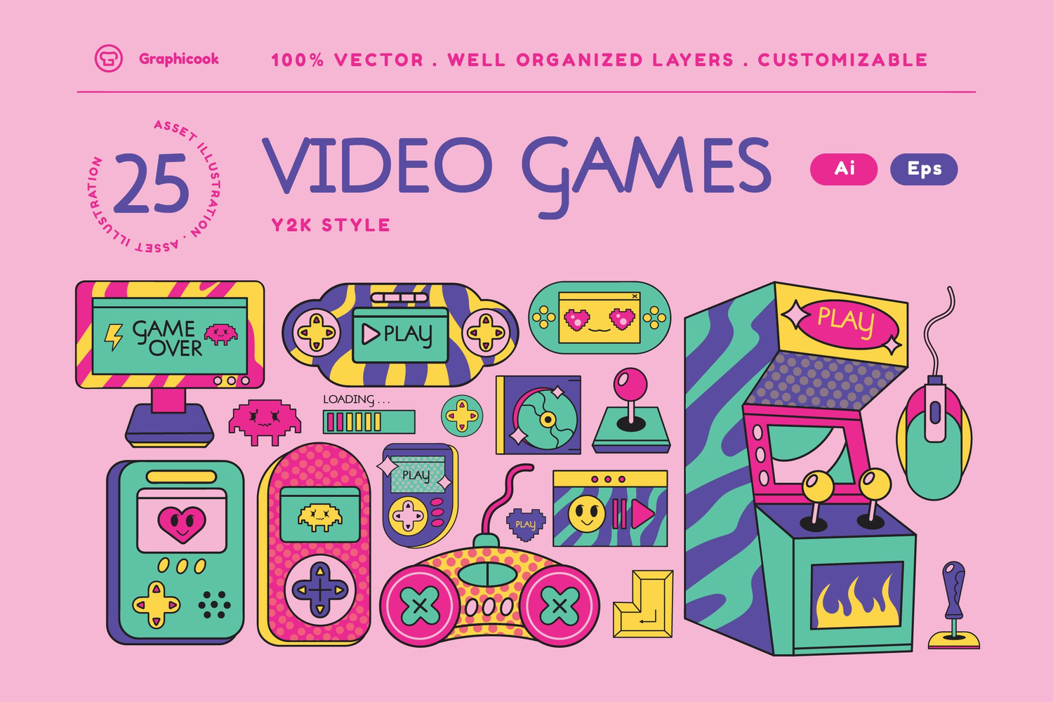 4821 25款复古Y2K粉色趣味视频游戏街机游戏机像素插画贴纸AI矢量套装Pink Y2K Video Games Illustration Set@GOOODME.COM