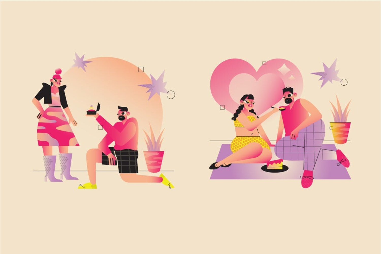4827 白色复古情人节Y2K青年情侣约会人物插画设计套装White Y2K Valentine Day Illustration Set@GOOODME.COM