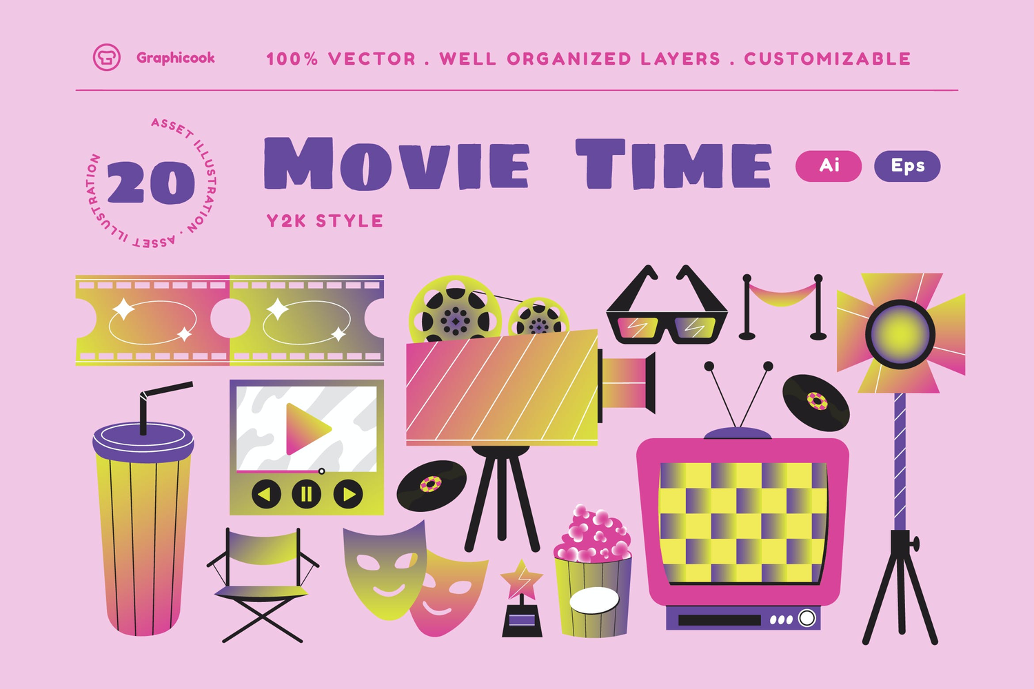4828 复古抽象Y2K电影影院相关矢量AI图表图形素材 Pink Y2K Movie Illustration Set@GOOODME.COM