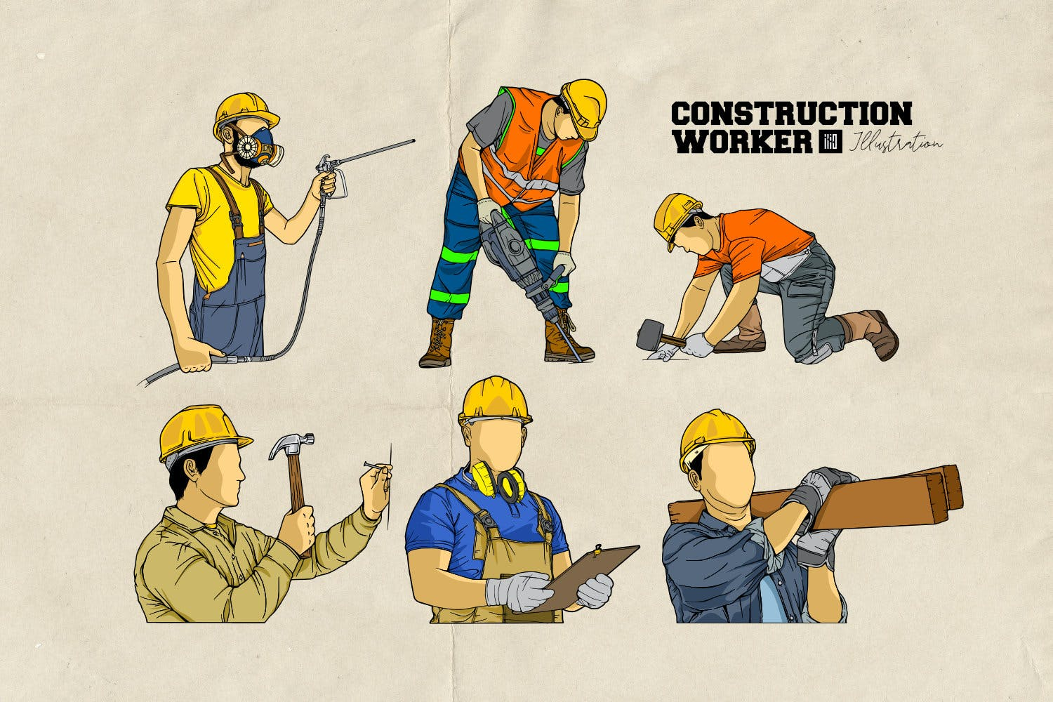 4831 建筑施工工地人物形象矢量插图素材 Construction Worker Vector Illustration@GOOODME.COM