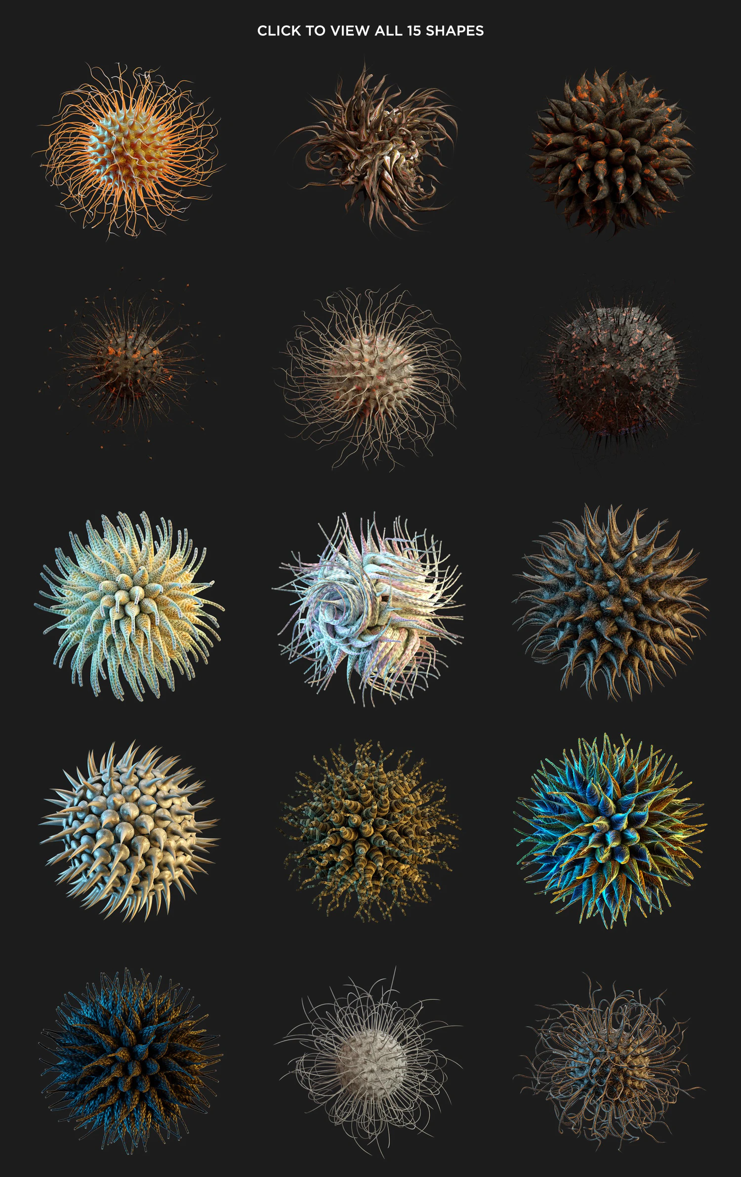 4834 15款抽象有机3D渲染微观触手细胞病毒PNG高清免扣设计包Organic Abstraction V@GOOODME.COM