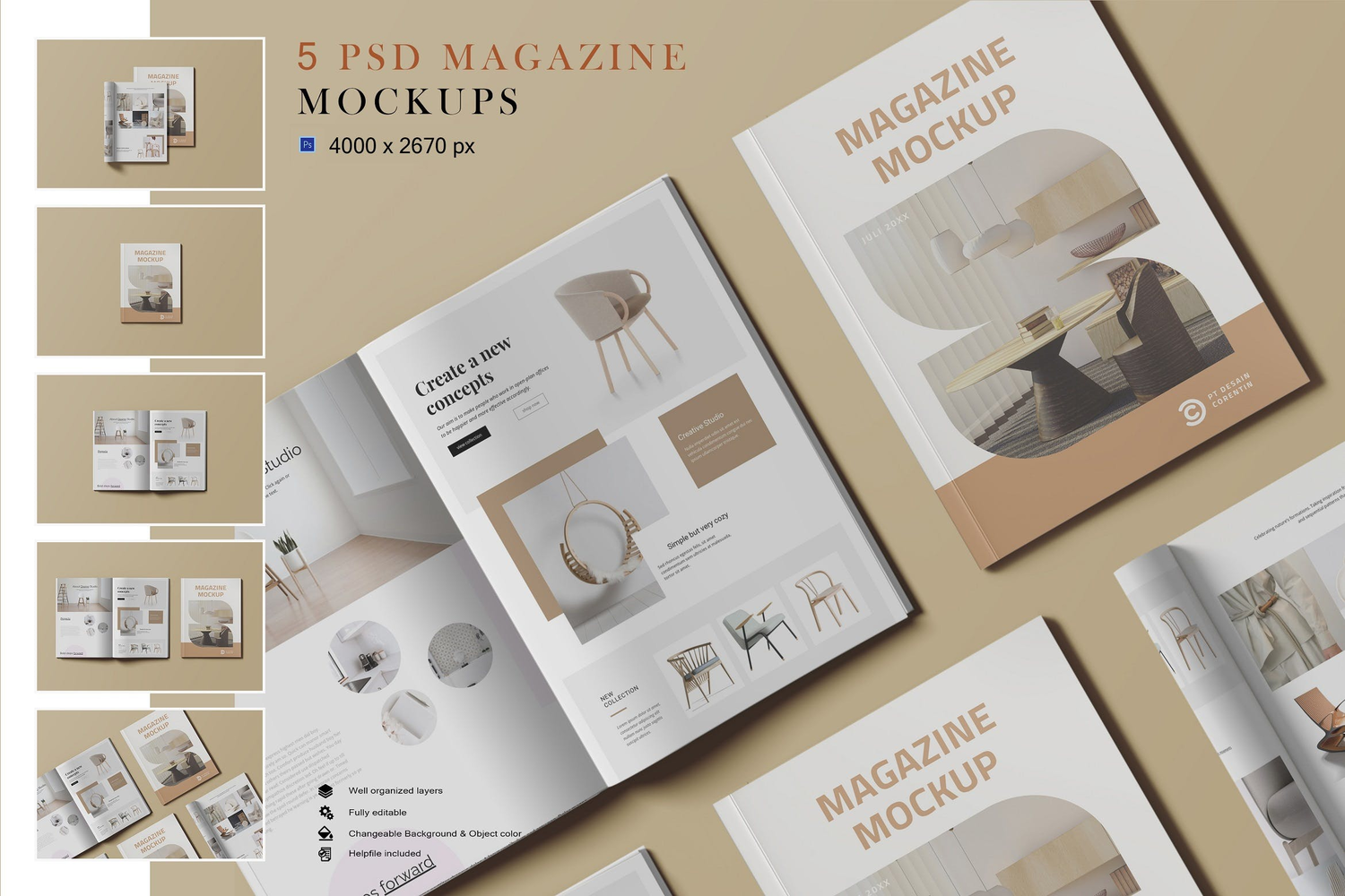 4858 5款软壳胶装书籍画册杂志读物设计PS样机 Magazine Mockups@GOOODME.COM