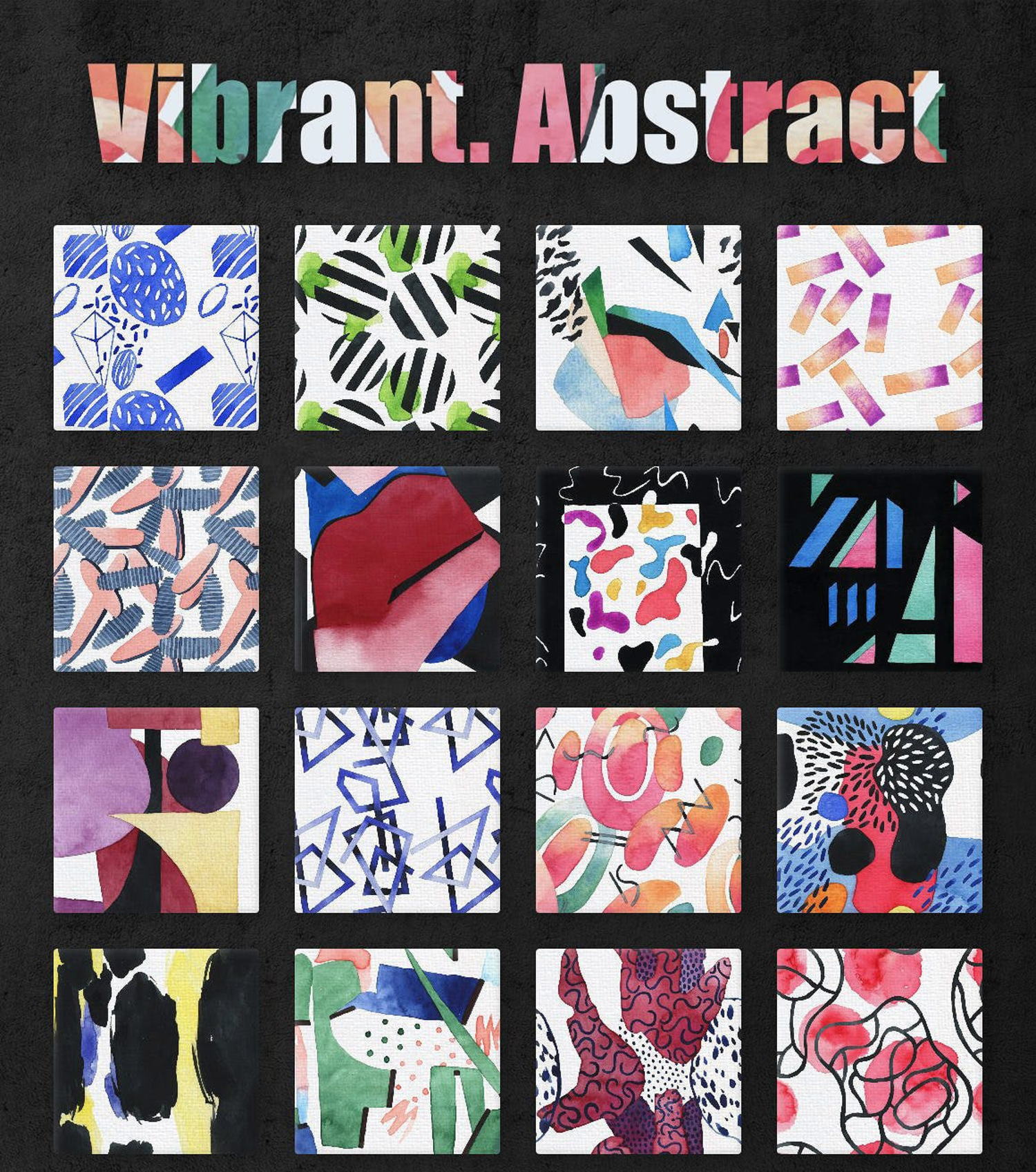 4864 时尚潮流抽象艺术涂鸦水彩绘画纹理背景底纹png图案设计素材 Vibrant Watercolor Patterns
