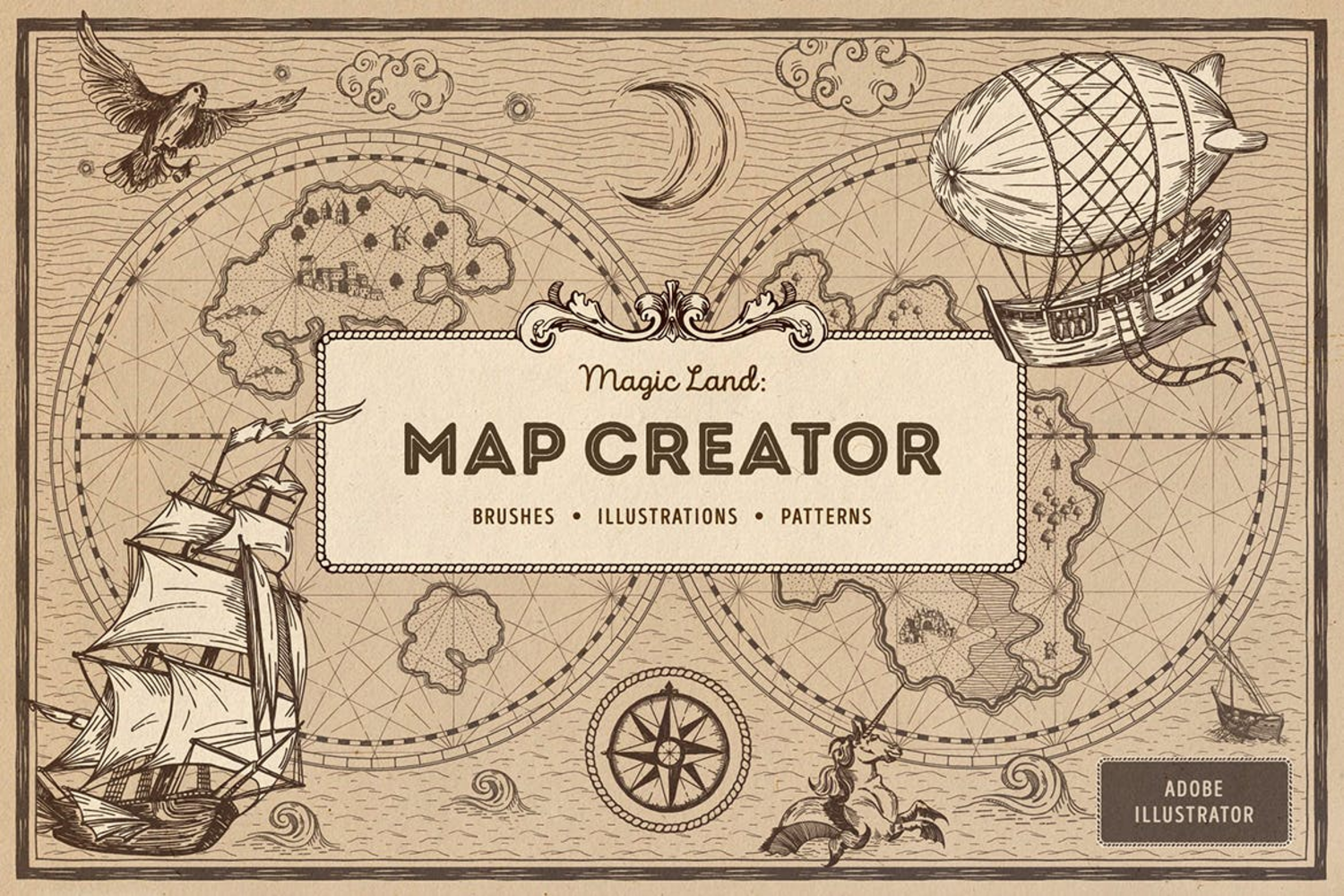 4878 复古手绘大航海时代地图AI矢量元素包Magic Lands – Vintage Map Creator