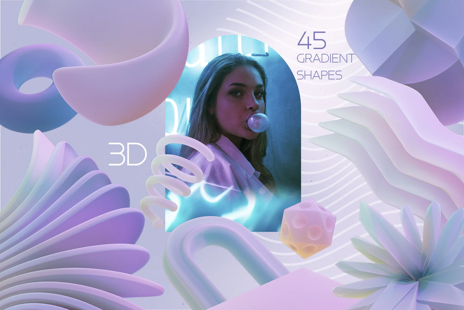 4882 45款3D紫色柔和渐变立体几何PNG抽象艺术图形套装3D Abstract Gradient