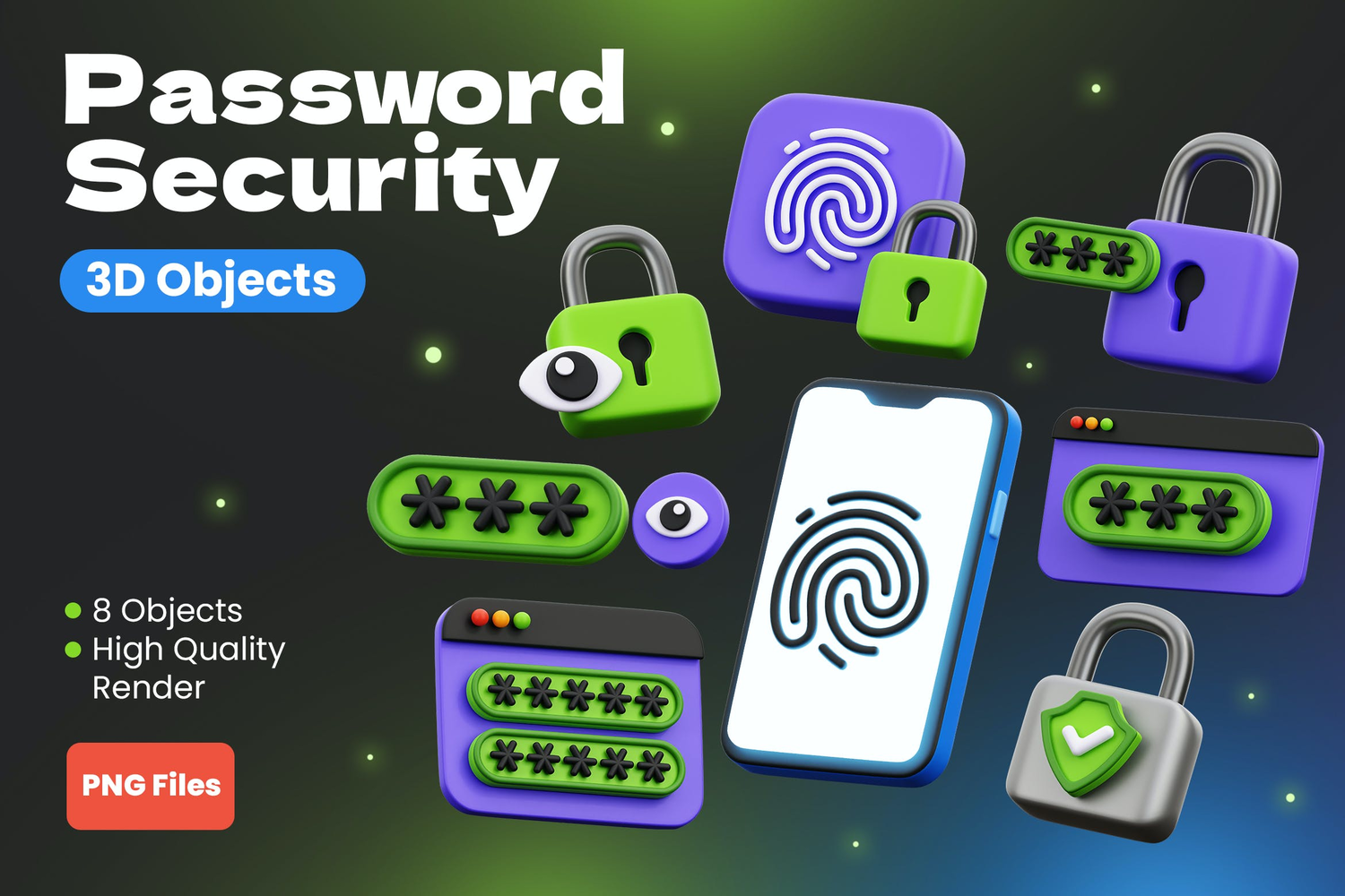 4884 8款数据银行密码安全处理UI图标插画3D立体PNG免扣元素套装Password Security 3D Objects