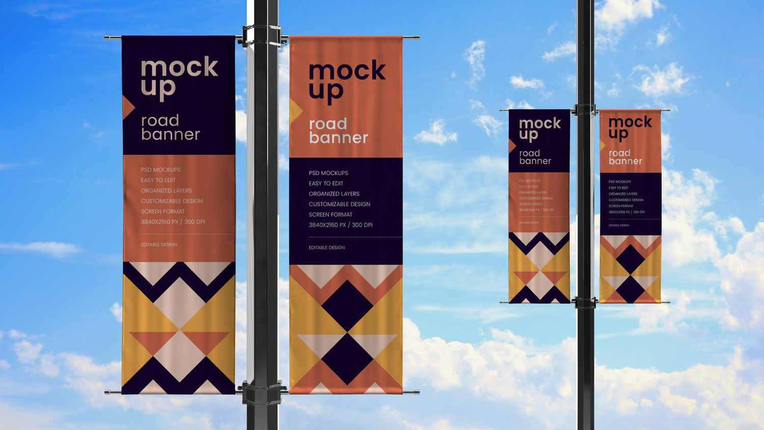 4900 3款户外广告展示道旗路灯旗帜设计PS样机 Street Pole Banner Mockup Set@GOOODME.COM