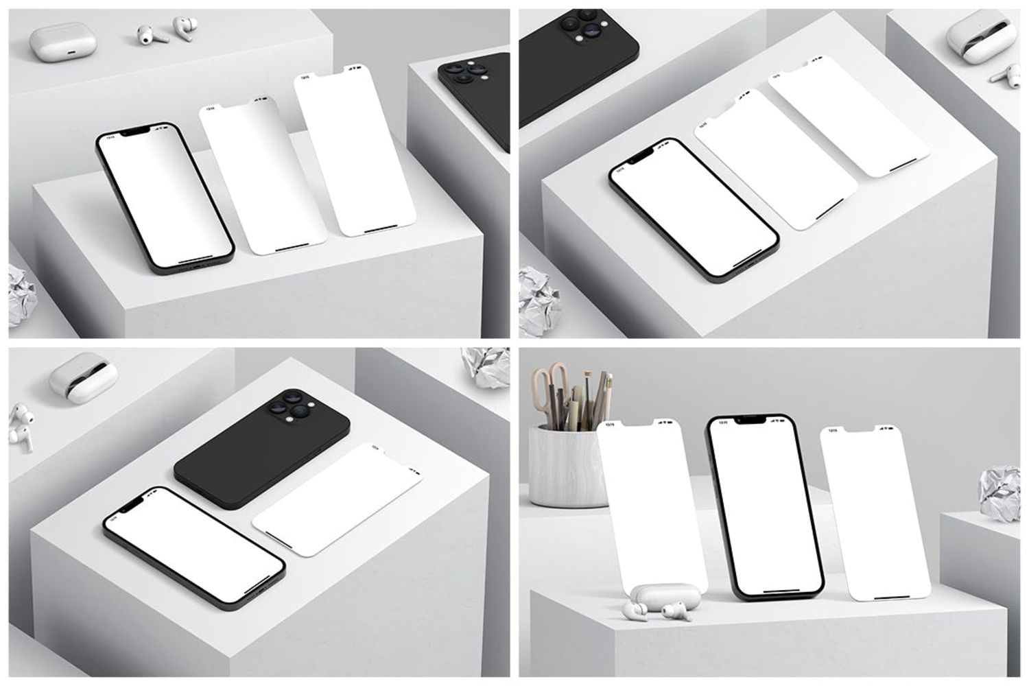 4946 4款桌面场景UI多屏手机展示设计PS样机 iPhone 13 Smartphone Display Mockup Collection@GOOODME.COM