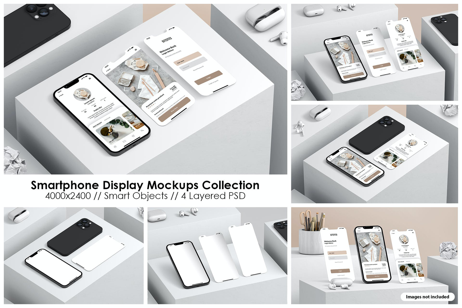 4946 4款桌面场景UI多屏手机展示设计PS样机 iPhone 13 Smartphone Display Mockup Collection@GOOODME.COM