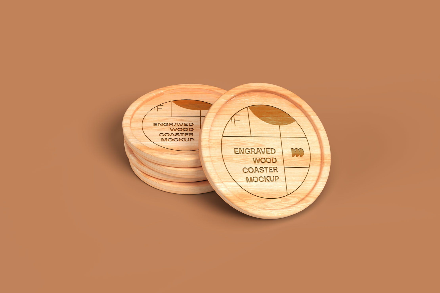 5003 5款雕刻木质杯垫设计PS样机 Engraved Wood Coaster Mockups (Circle)@GOOODME.COM