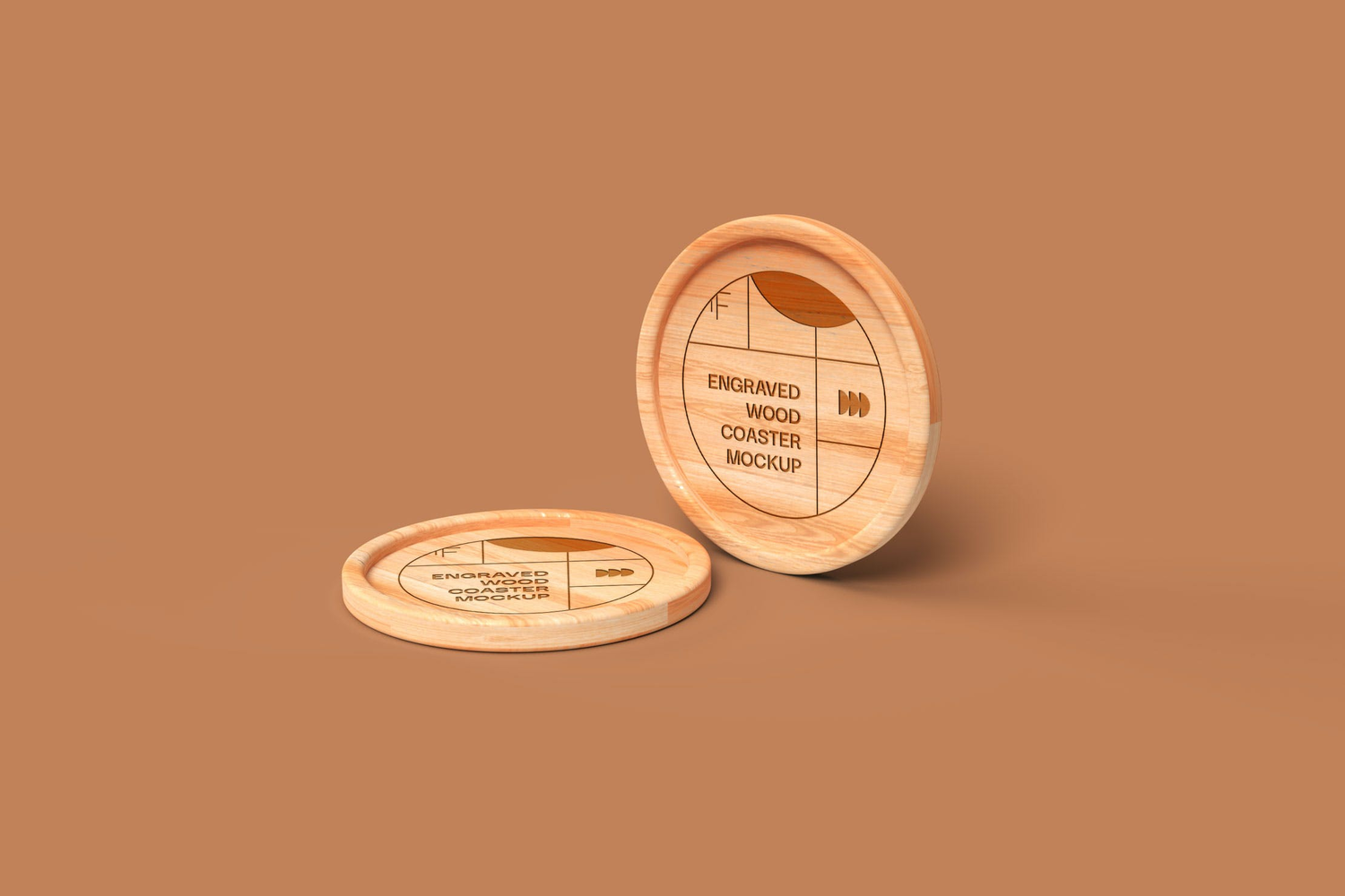 5003 5款雕刻木质杯垫设计PS样机 Engraved Wood Coaster Mockups (Circle)@GOOODME.COM