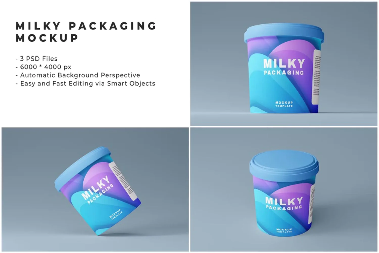 5067 3款桶装冰淇淋螺蛳粉熟食品包装设计PS样机 Milky Packaging Mockup@GOOODME.COM