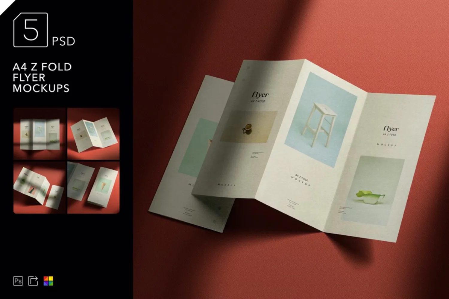 5072 5款三折页海报宣传单设计PS样机 A4 Z Fold Flyer Mockups@GOOODME.COM