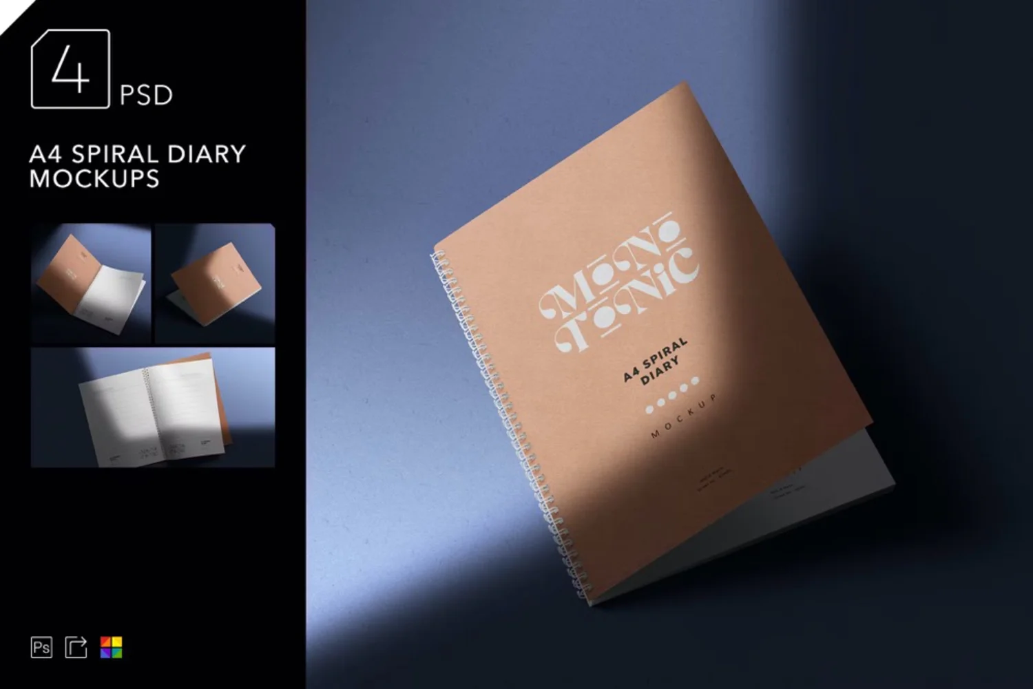 5076 4款螺旋日记笔记本设计PS样机 A4 Spiral Diary Mockups@GOOODME.COM