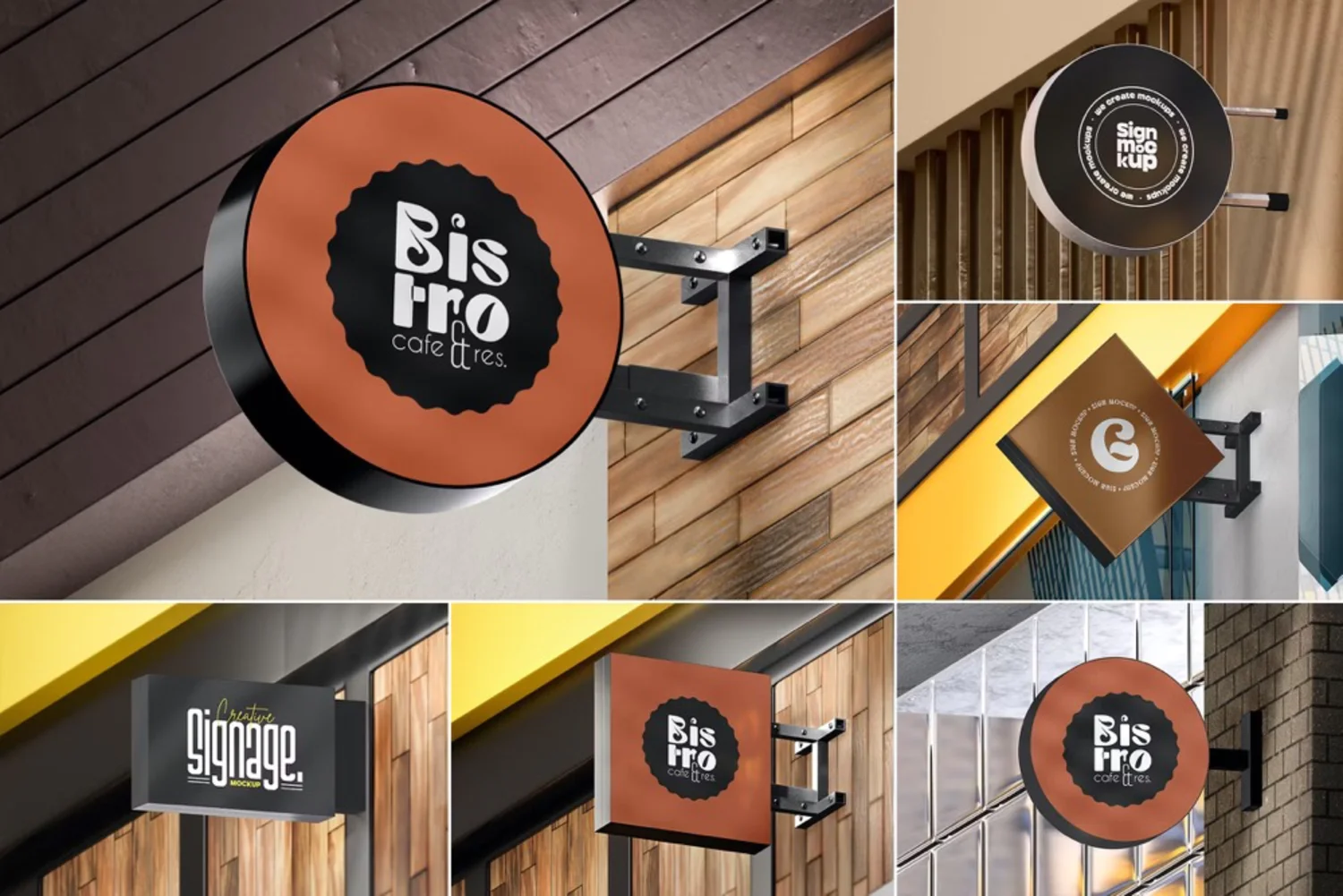 5084 6款店铺侧招灯箱招牌设计PS样机 Outdoor 3d Signboard Mockups Psd@GOOODME.COM