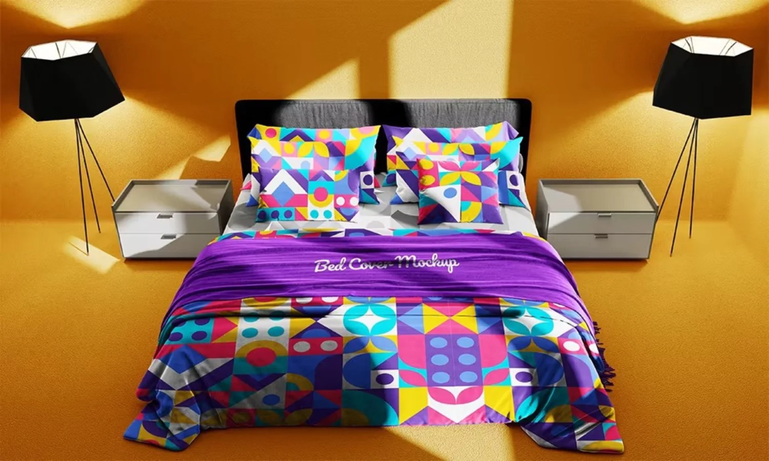 5120 床上用品棉被枕头印花设计展示psd样机Bed Room Set Mockup @GOOODME.COM