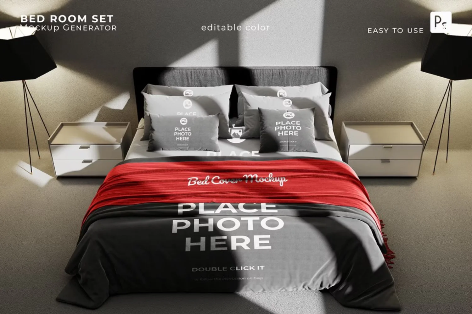 5120 床上用品棉被枕头印花设计展示psd样机Bed Room Set Mockup @GOOODME.COM