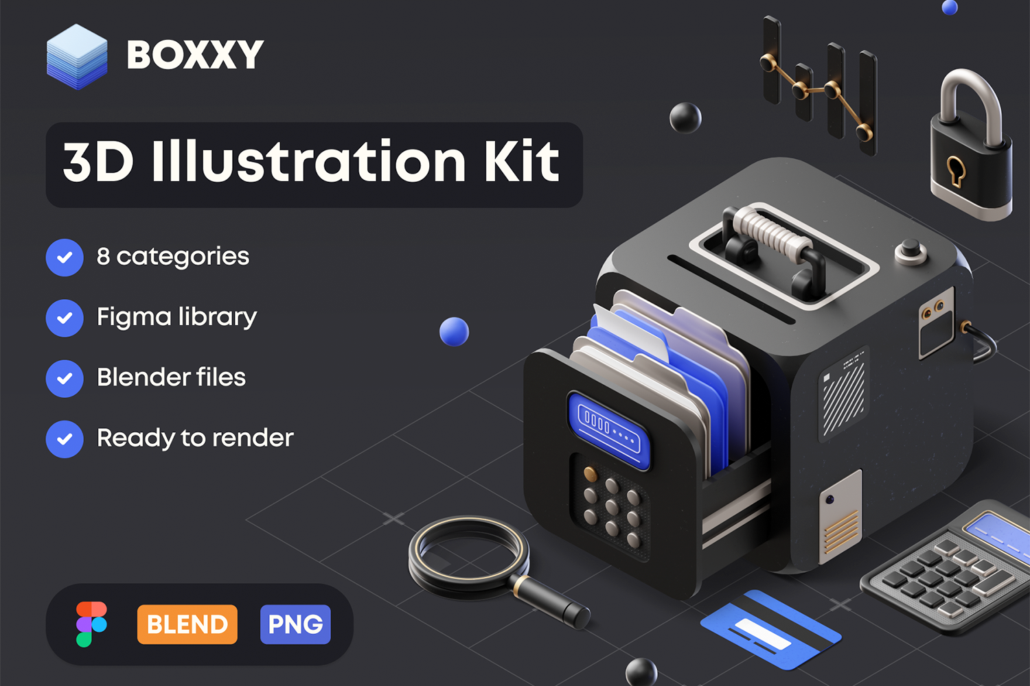 5125 3D未来科幻赛博朋克电商游戏机械工业插图插画png免抠Blend模型素材 BOXXY 3D Illustration Kit@GOOODME.COM
