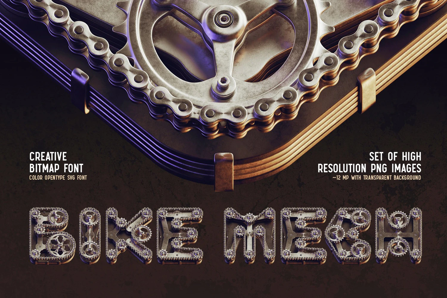 5130 复古工业风蒸汽朋克机械金属质感标题LOGO设计PSAI英文字 Bike Mech – Color Bitmap Font@GOOODME.COM