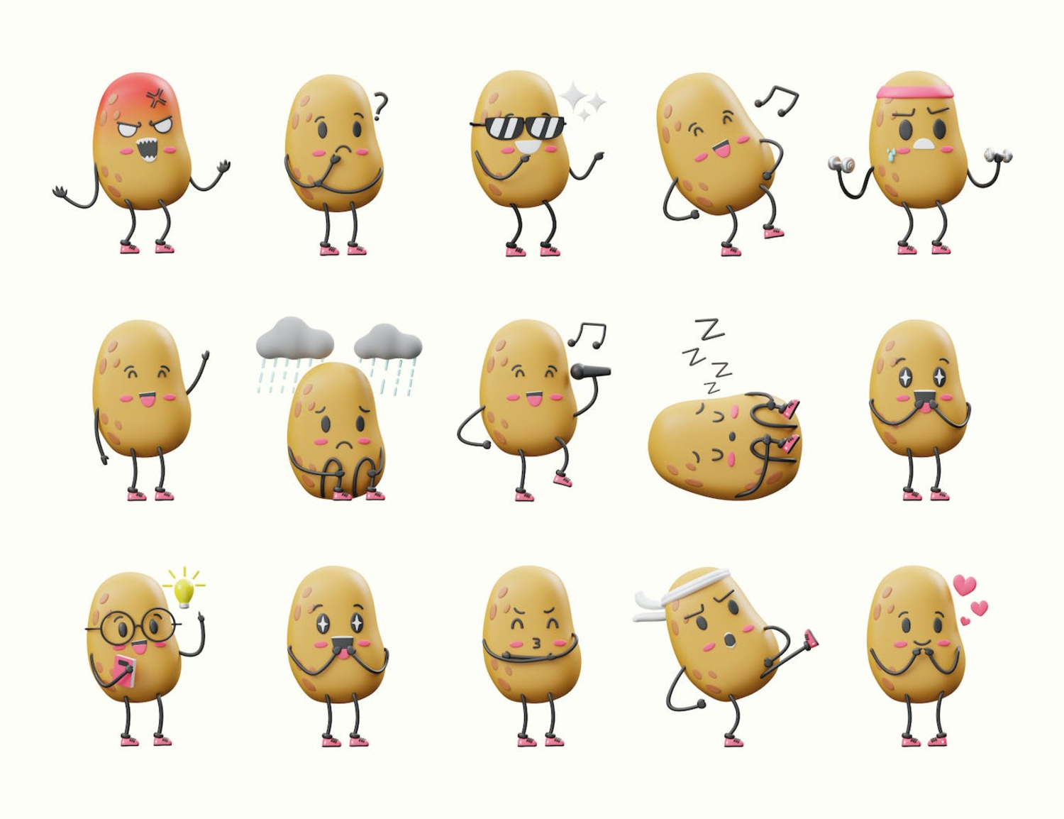 5134 卡通土豆造型角色表情包3D图标blend模型 Potato Character Face 3D Icon@GOOODME.COM