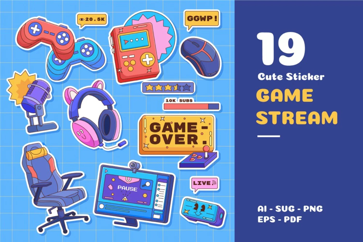 5201 可爱复古游戏贴纸套装矢量插图设计元素（Ai SVG PNG文件） Cute Vintage Retro Stream Gaming Pack Sticker@GOOODME.COM