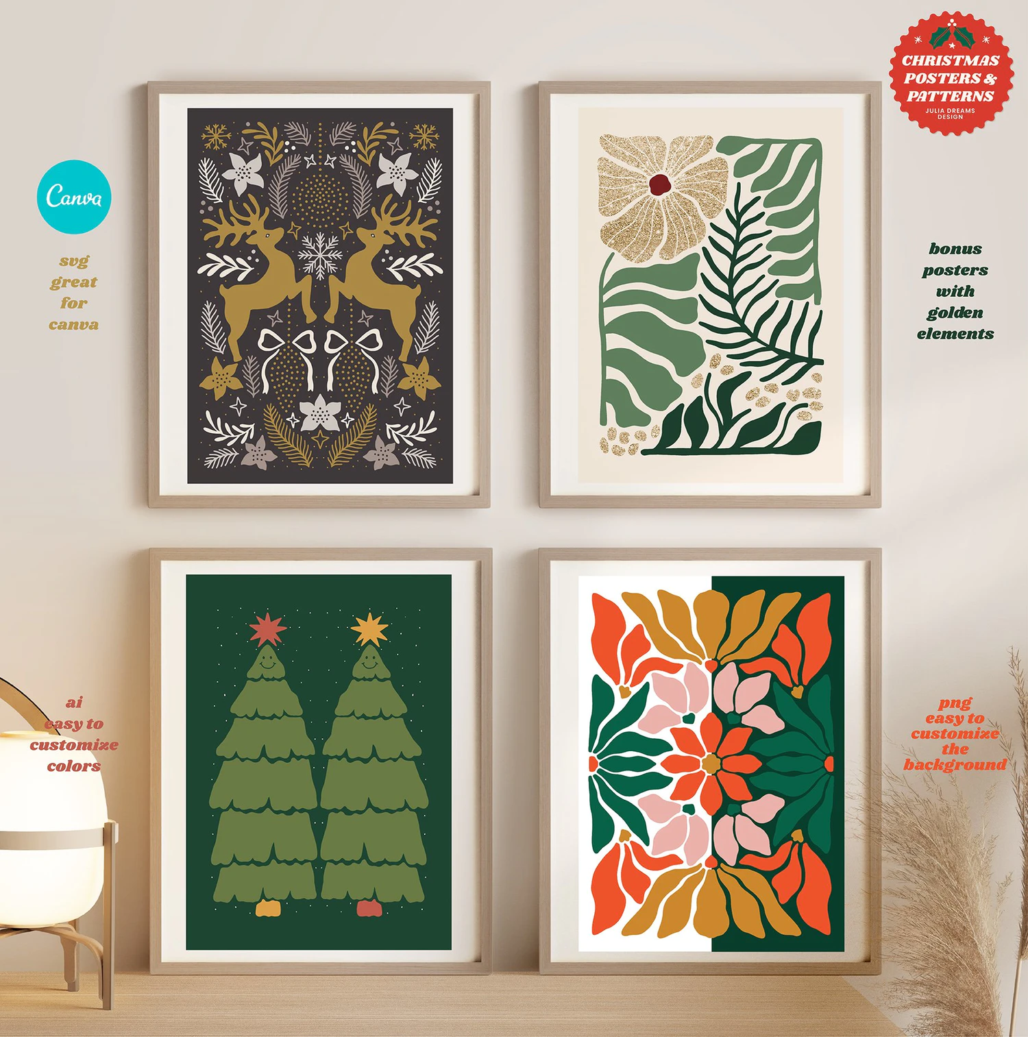 5261 70s复古元素套装圣诞节节日活动海报设计的图案元素纹理素材集合包 Christmas Posters Patterns Bundle@GOOODME.COM
