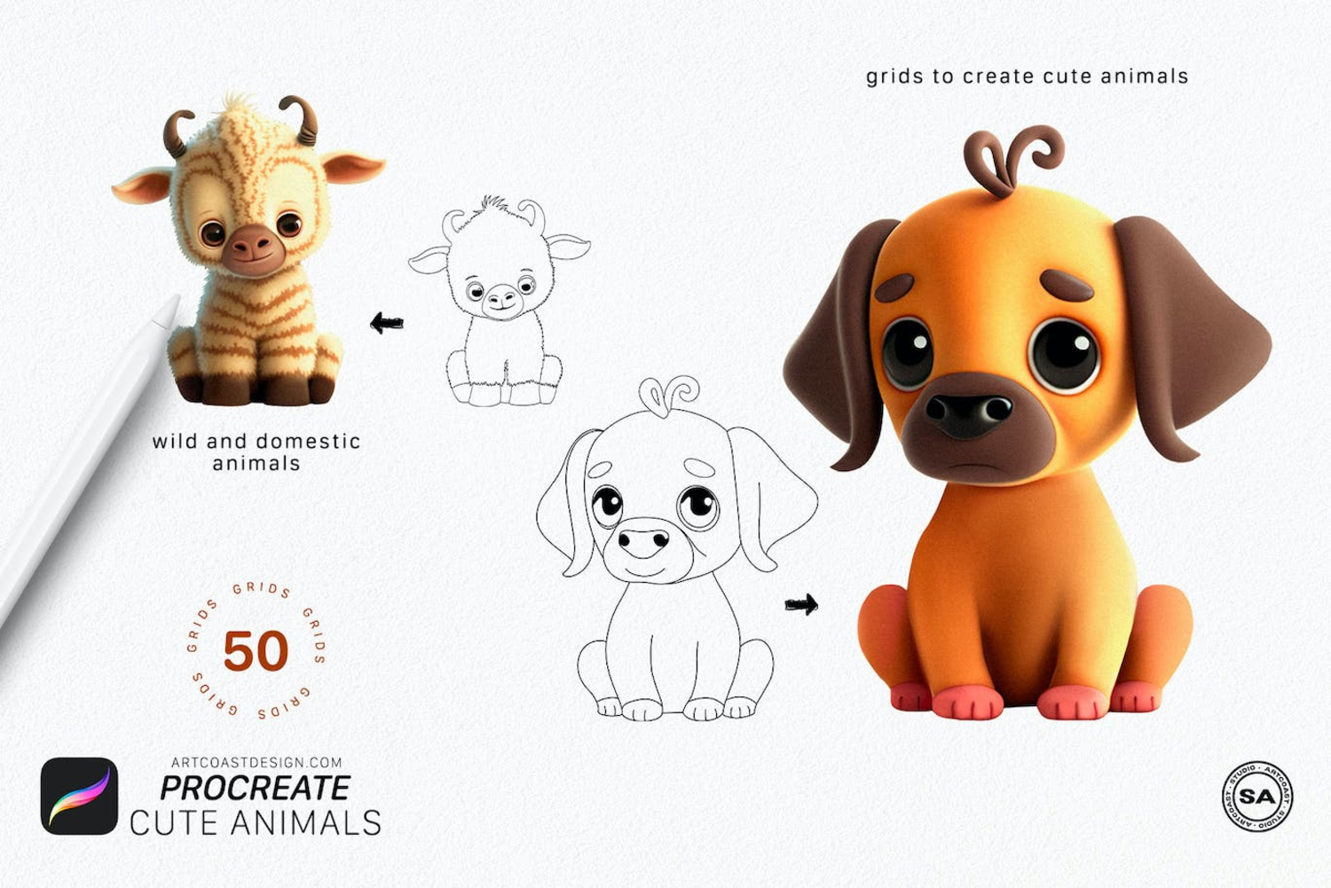 5282 50个iPad Procreate可爱的动物线稿笔刷procreate-cute-animals-grids@GOOODME.COM