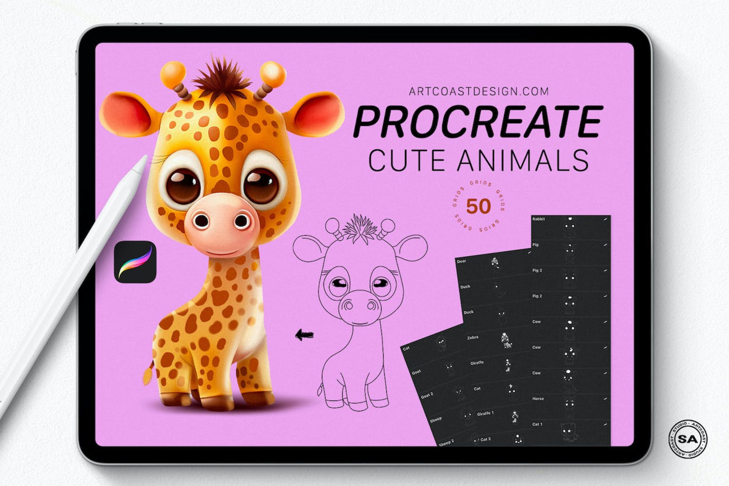 5282 50个iPad Procreate可爱的动物线稿笔刷procreate-cute-animals-grids@GOOODME.COM