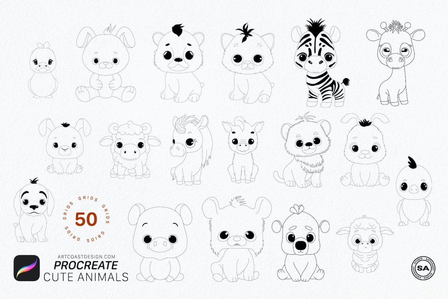 5282 50个iPad Procreate可爱的动物线稿笔刷procreate-cute-animals-grids@GOOODME.COM